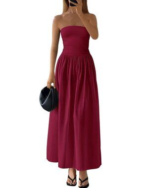 Women's Wine Red Summer Elegant Strapless Maxi Dress Top Dress A Line Flowy
